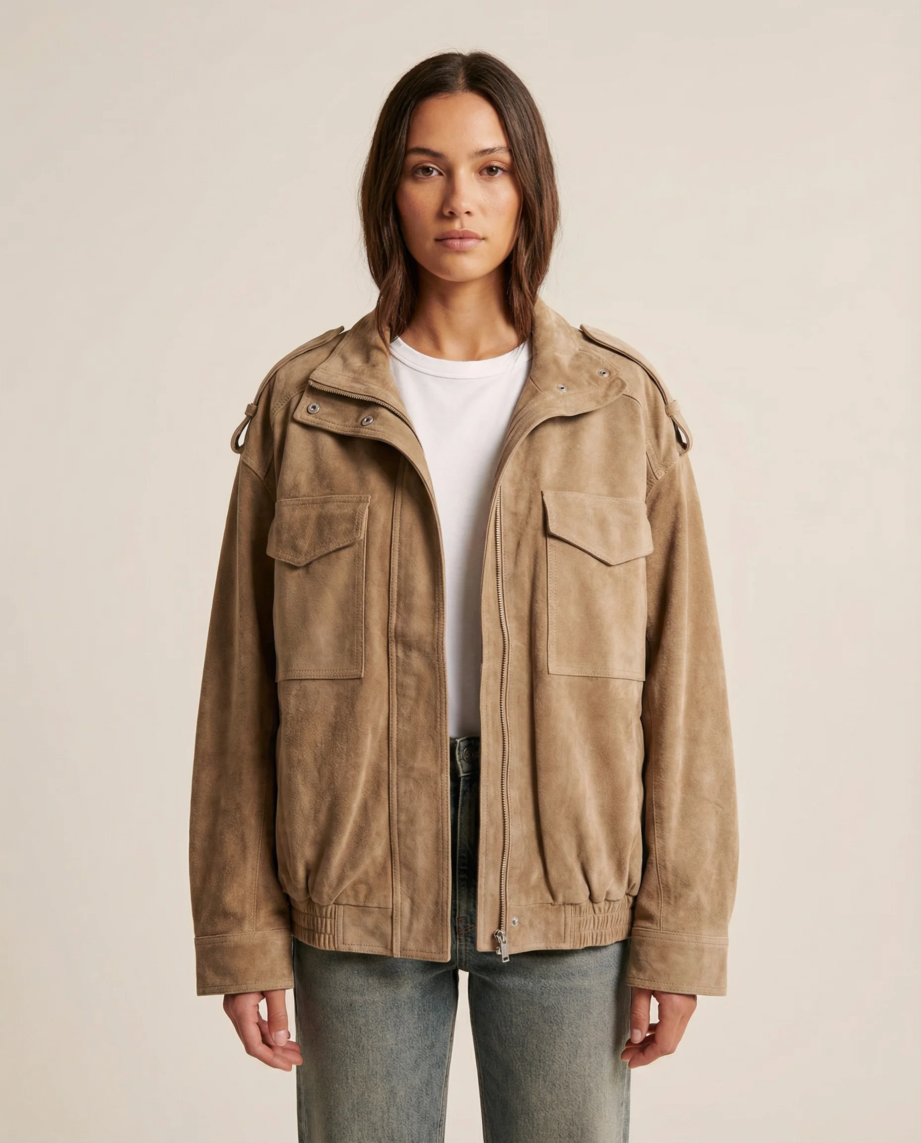 Women’s Oversized Suede Hooded Jacket with Zip Front and Utility Pocket Design - Image 3