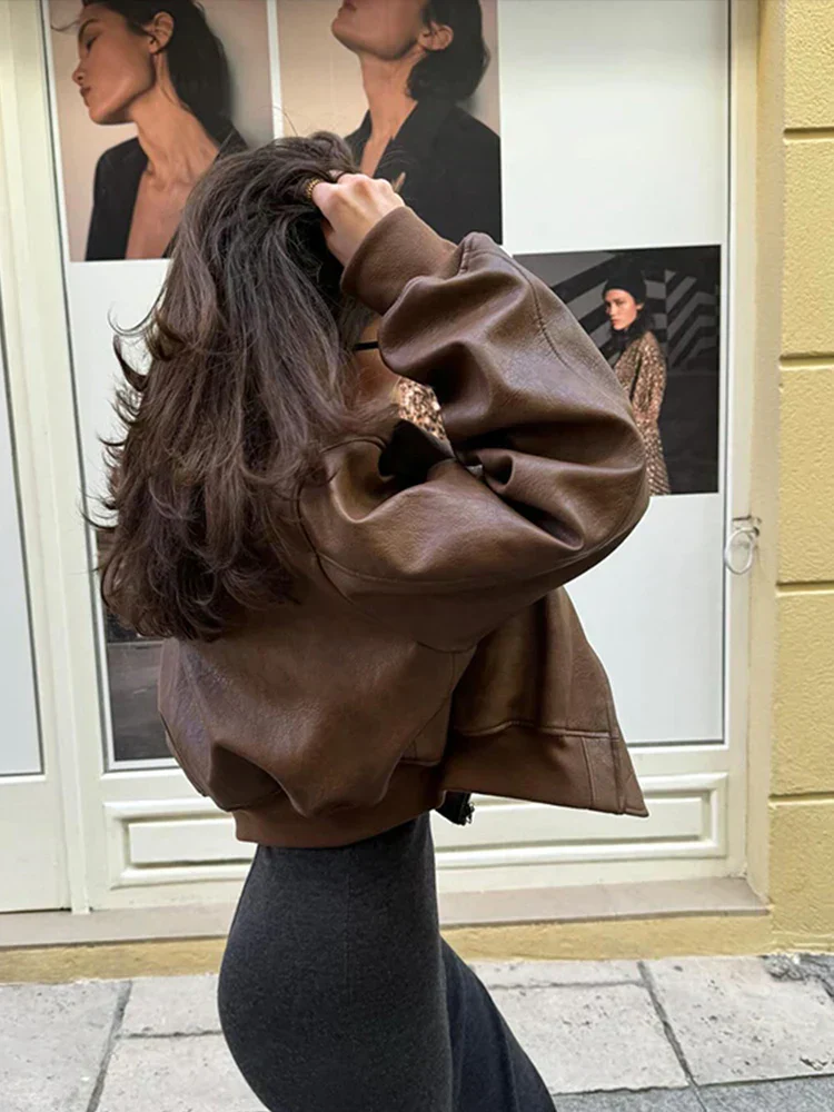 Women's Cropped Vintage Faux Leather Bomber - Image 3