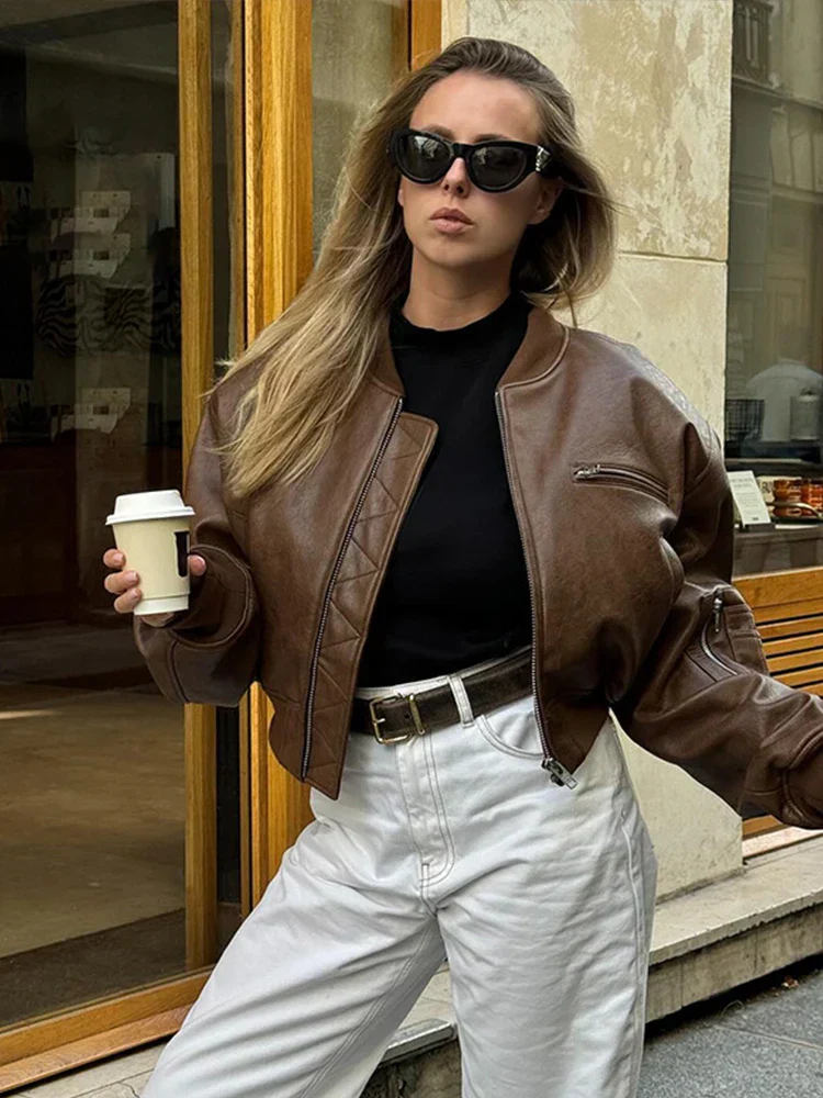 Women's Cropped Vintage Faux Leather Bomber - Image 4