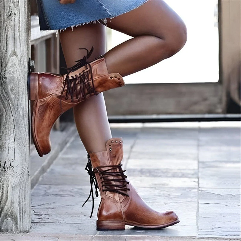 Studded Lace-Up Mid-Calf Boots with Low Heel for Women - Image 2