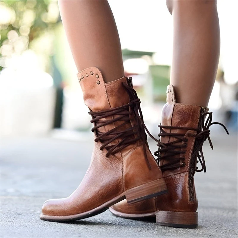 Studded Lace-Up Mid-Calf Boots with Low Heel for Women - Image 4