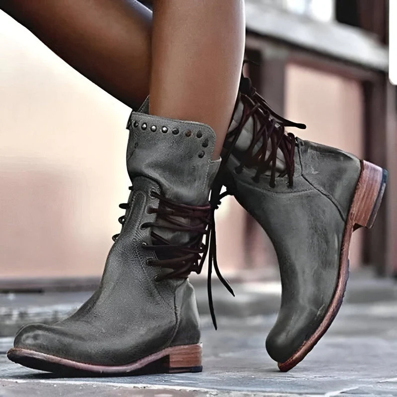 Studded Lace-Up Mid-Calf Boots with Low Heel for Women - Image 5