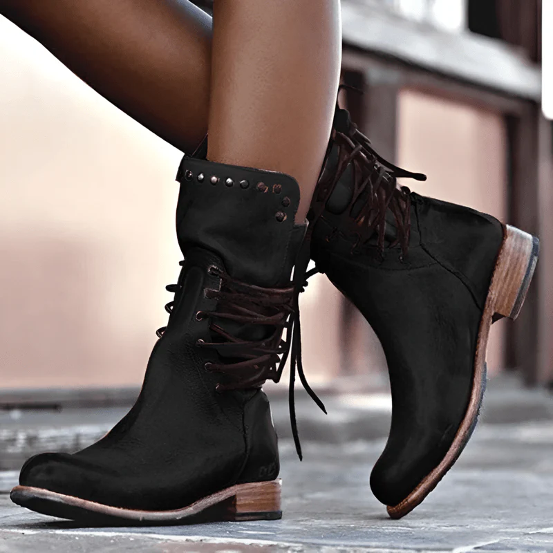 Studded Lace-Up Mid-Calf Boots with Low Heel for Women - Image 6