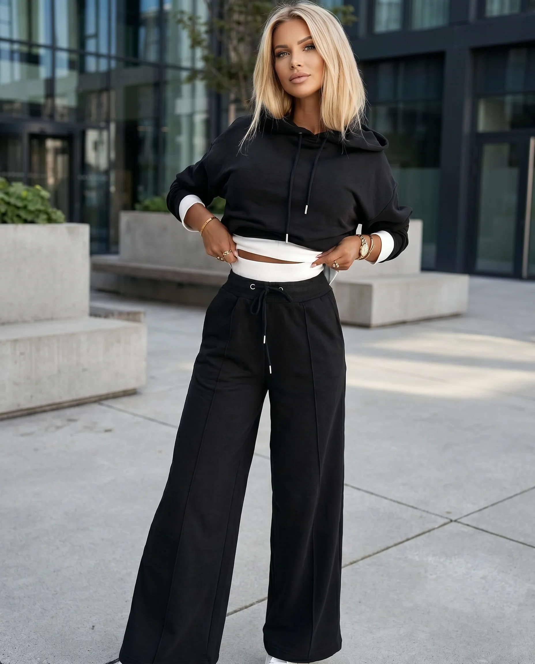 2-Piece Hoodie Tracksuit Set with Wide-Leg Trousers for Women - Image 2