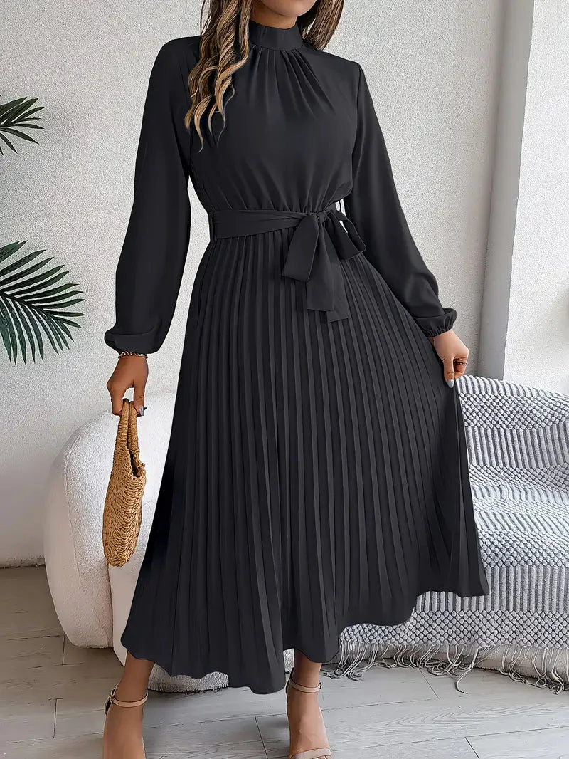 Chic Pleated Wedding Guest Midi Dress with Belted Waist - Image 10