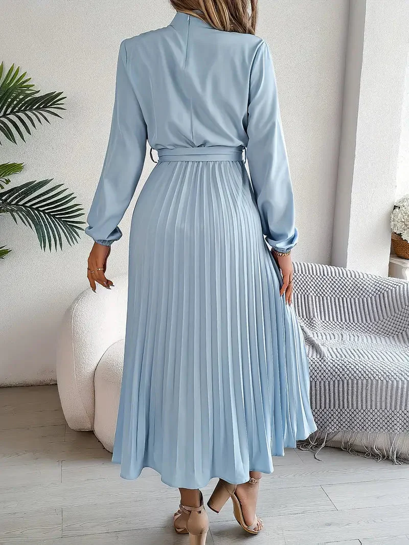 Chic Pleated Wedding Guest Midi Dress with Belted Waist - Image 2