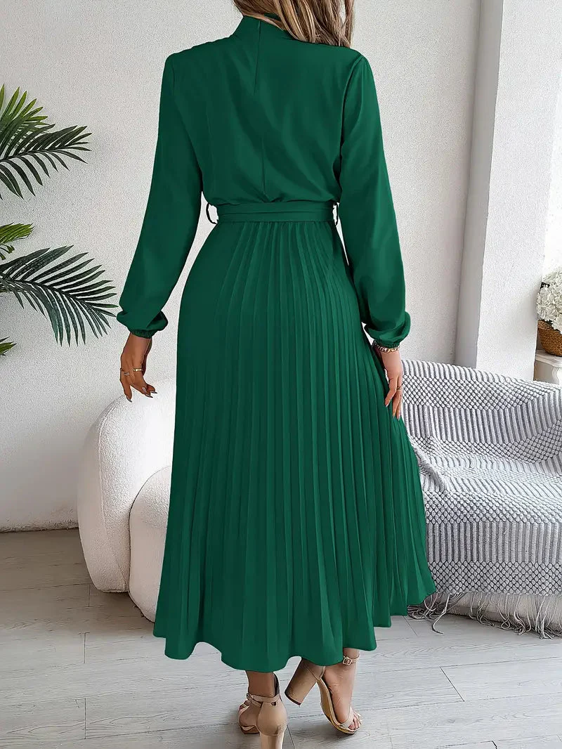 Chic Pleated Wedding Guest Midi Dress with Belted Waist - Image 4