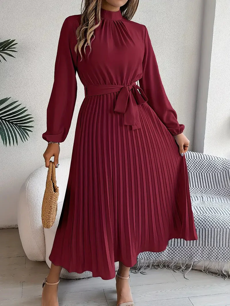 Chic Pleated Wedding Guest Midi Dress with Belted Waist - Image 5
