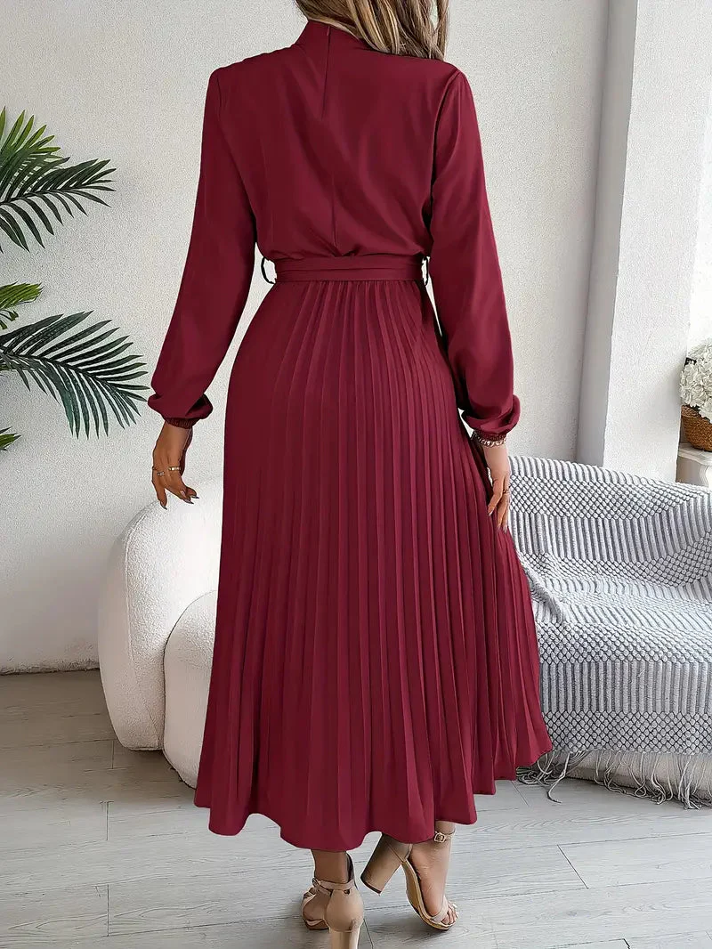 Chic Pleated Wedding Guest Midi Dress with Belted Waist - Image 6