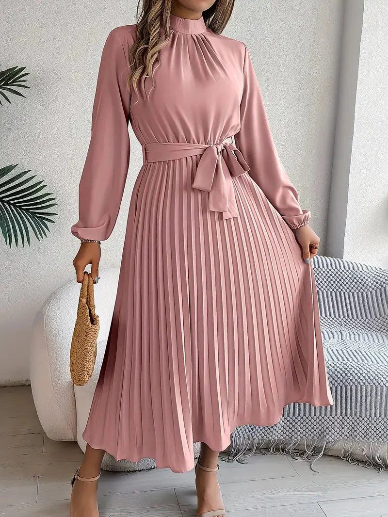 Chic Pleated Wedding Guest Midi Dress with Belted Waist - Image 7
