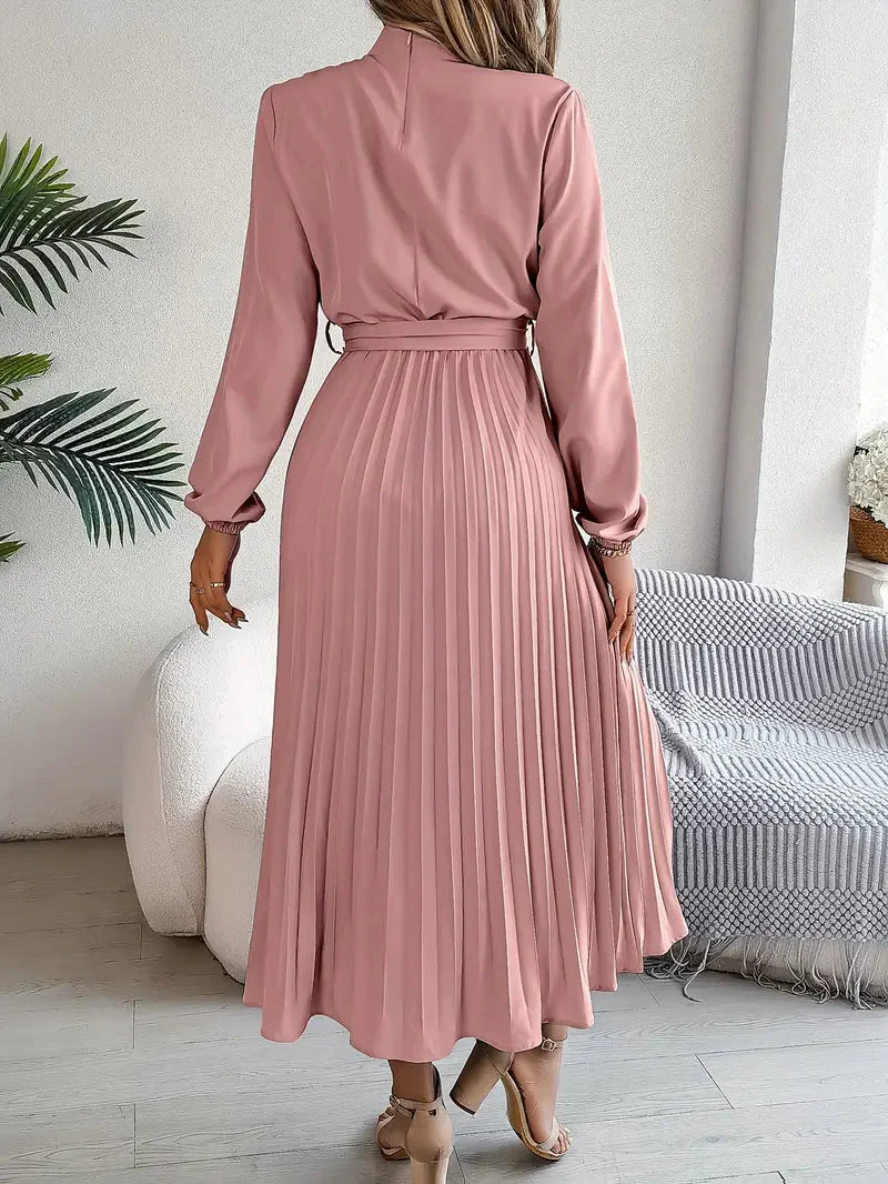 Chic Pleated Wedding Guest Midi Dress with Belted Waist - Image 8
