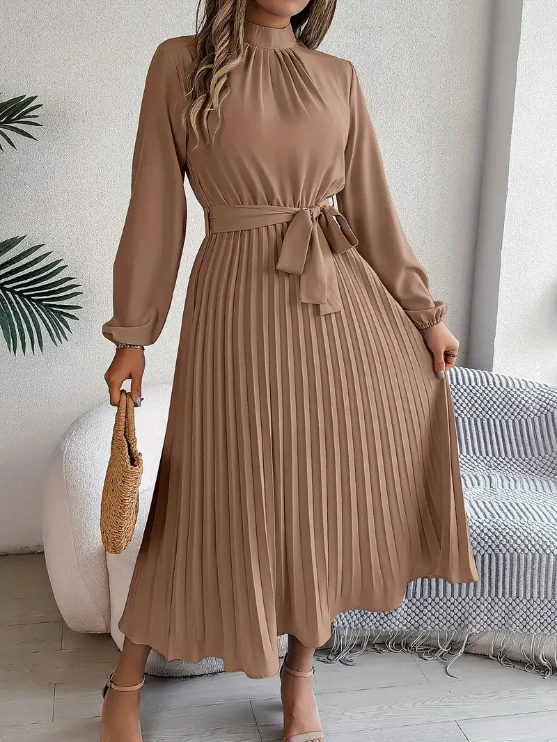 Chic Pleated Wedding Guest Midi Dress with Belted Waist - Image 9