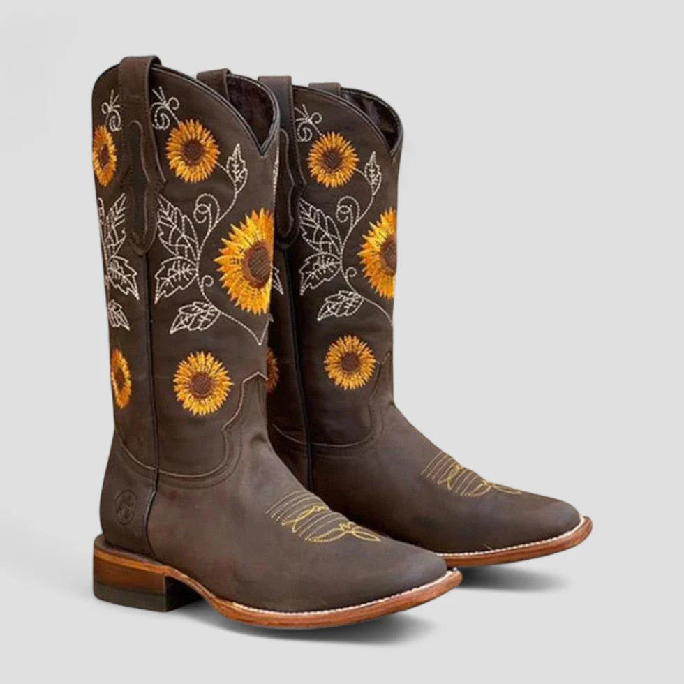 Women's Floral Embroidered Cowgirl Boots with Low Block Heel - Image 5