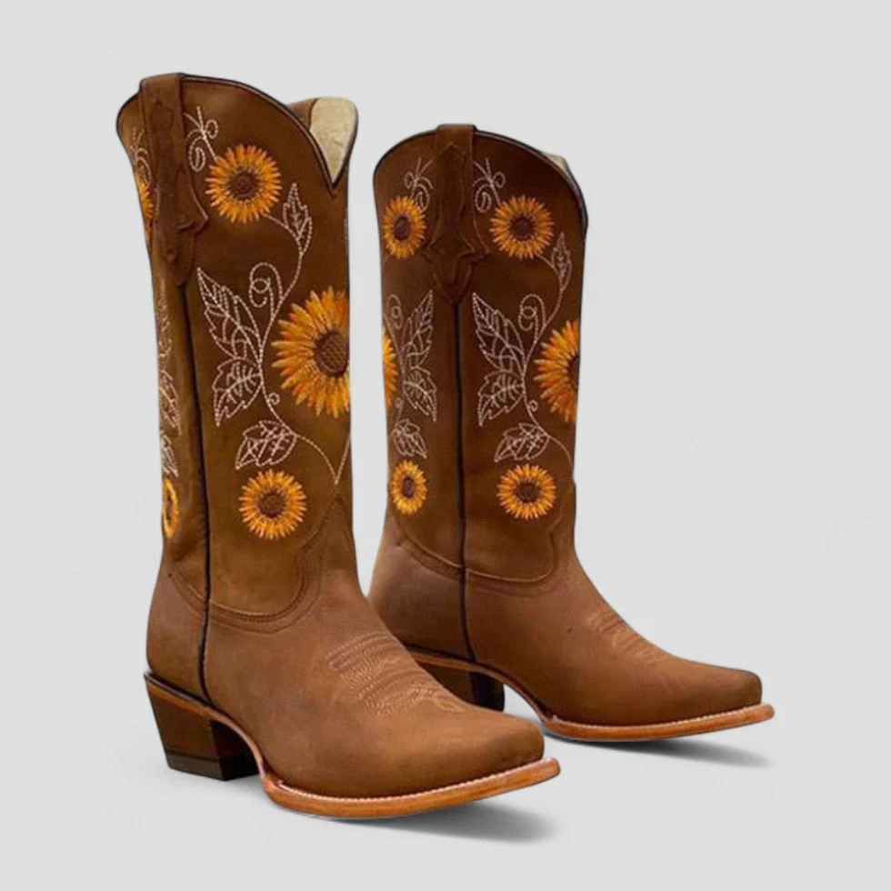Women's Floral Embroidered Cowgirl Boots with Low Block Heel - Image 6