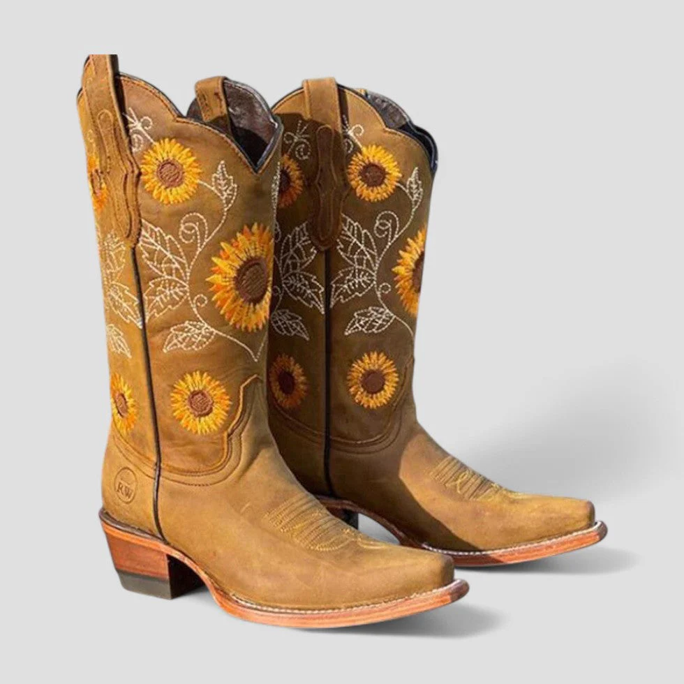 Women's Floral Embroidered Cowgirl Boots with Low Block Heel - Image 7
