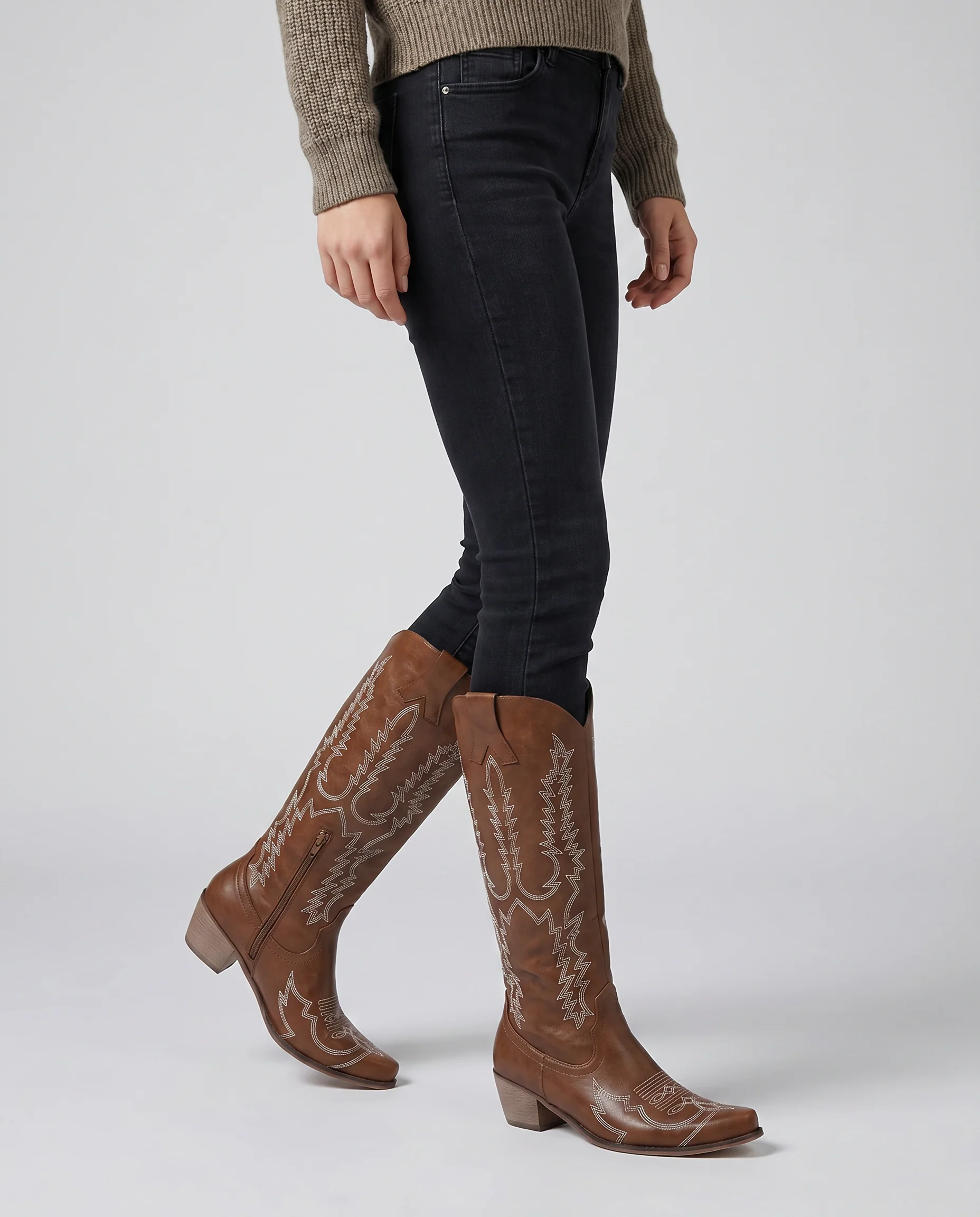 Women's Knee-High Cowboy Boots with Embroidered Design - Image 3