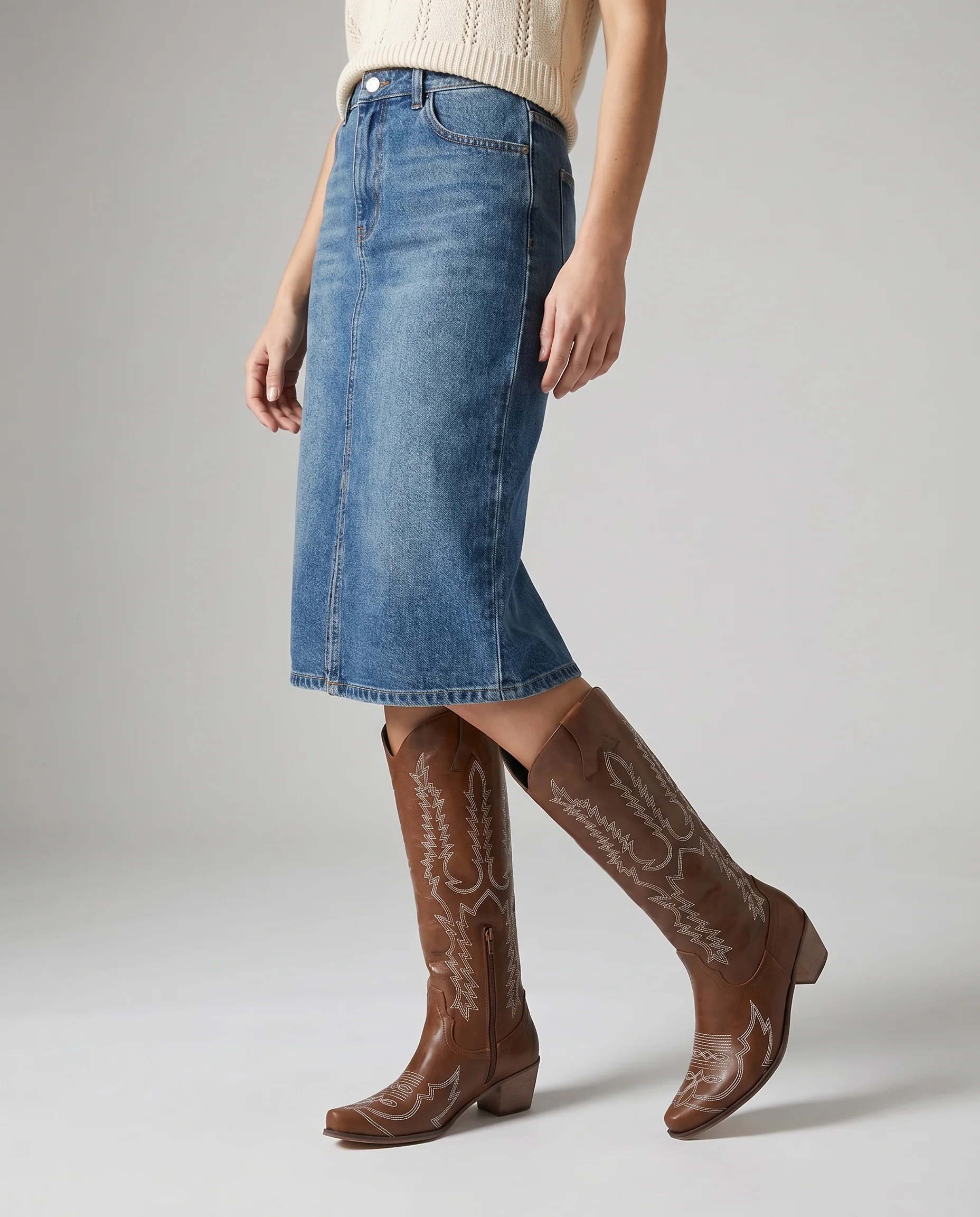 Women's Knee-High Cowboy Boots with Embroidered Design - Image 4