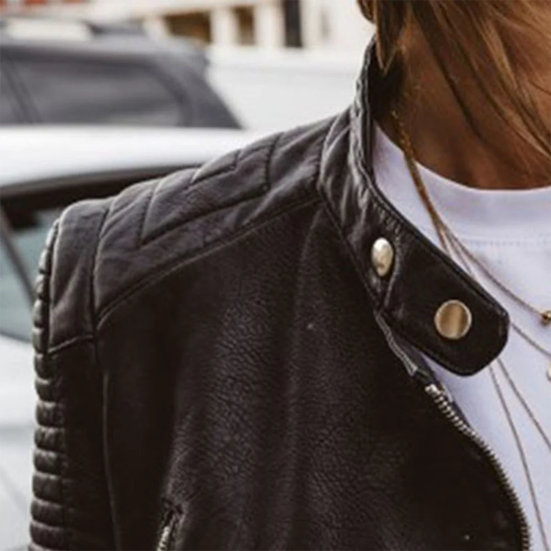 Faux Leather Biker Jacket with Zip Details for Women - Image 3