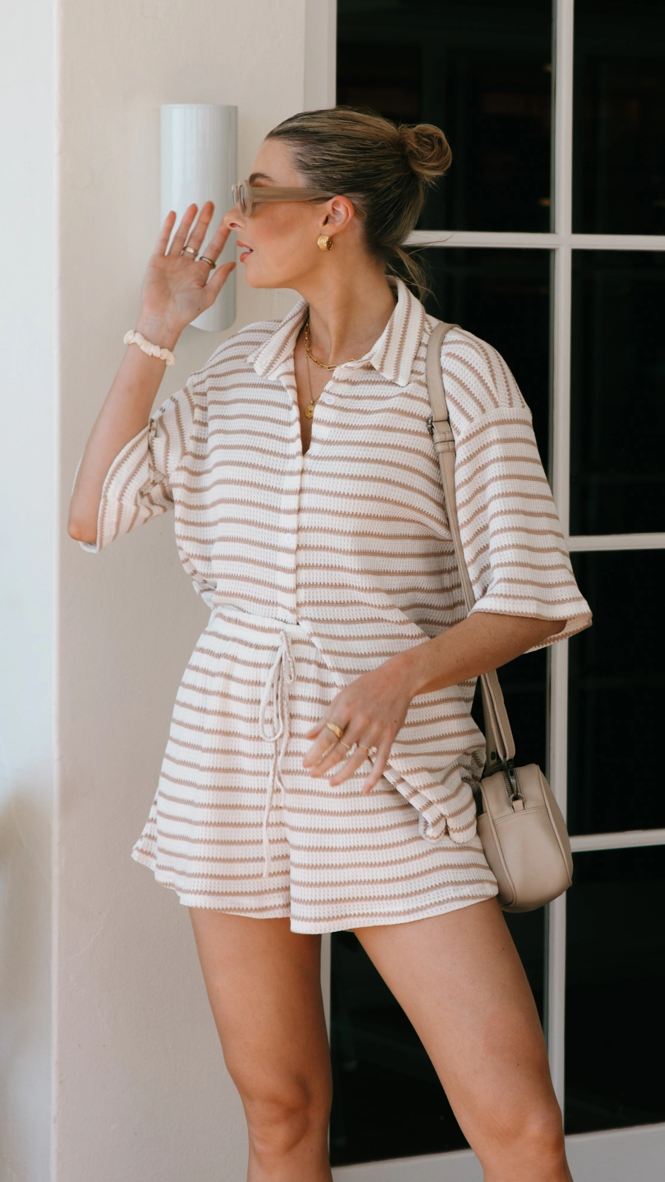Beige Striped Knit Shirt & Shorts Set - Image 3