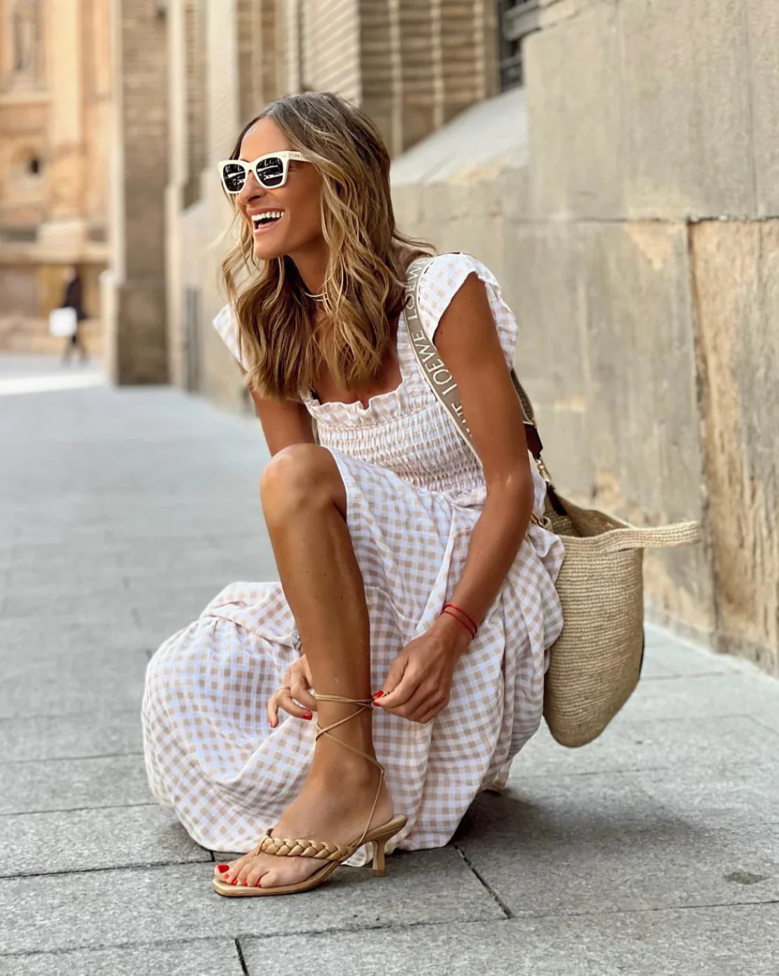 Summer Smocked Gingham Maxi Dress with Ruffle Sleeves - Image 2