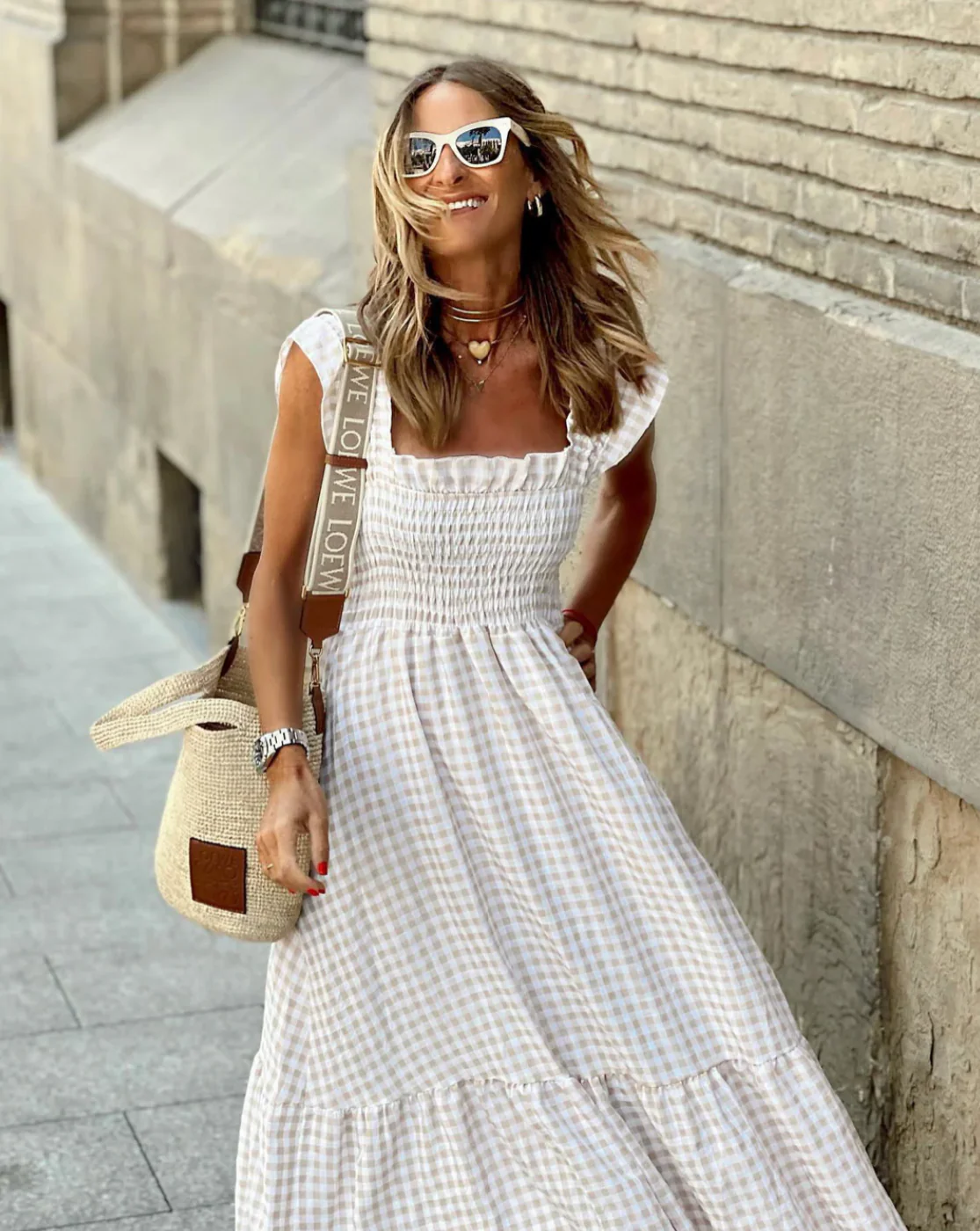Summer Smocked Gingham Maxi Dress with Ruffle Sleeves - Image 3