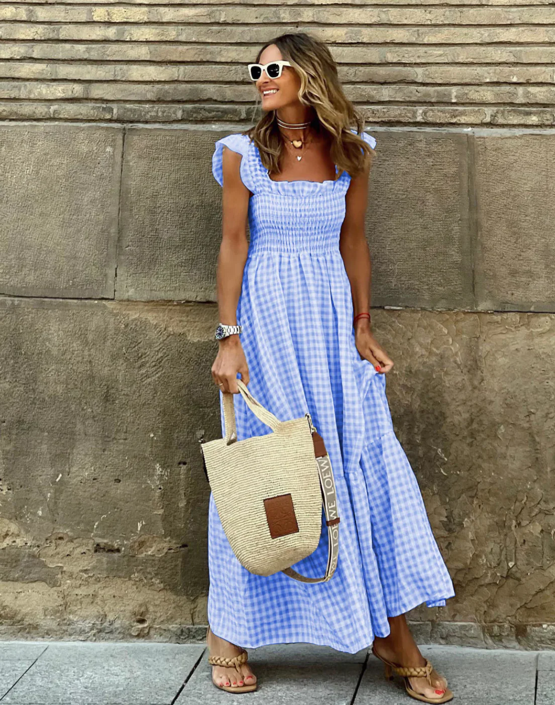 Summer Smocked Gingham Maxi Dress with Ruffle Sleeves - Image 5