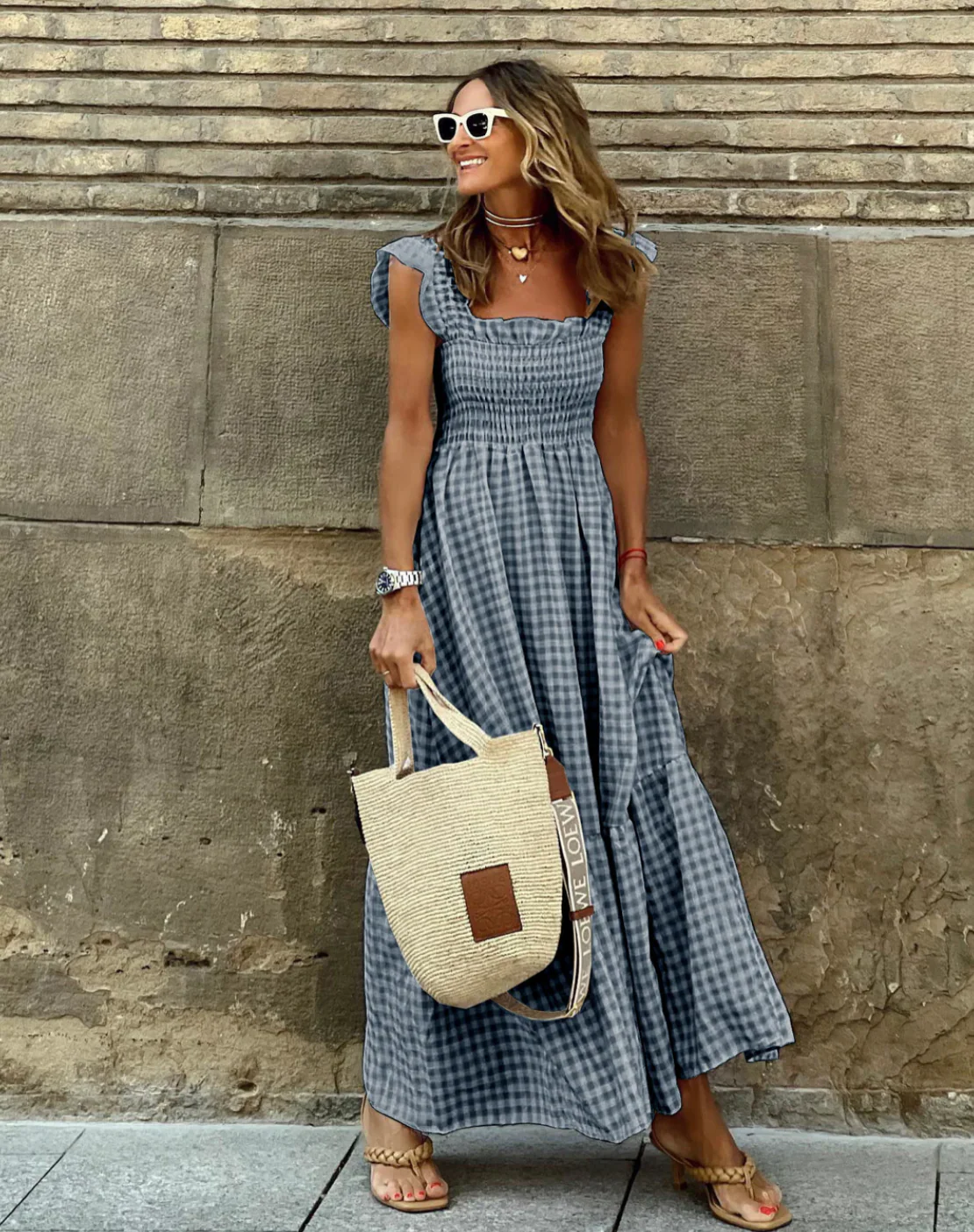 Summer Smocked Gingham Maxi Dress with Ruffle Sleeves - Image 6