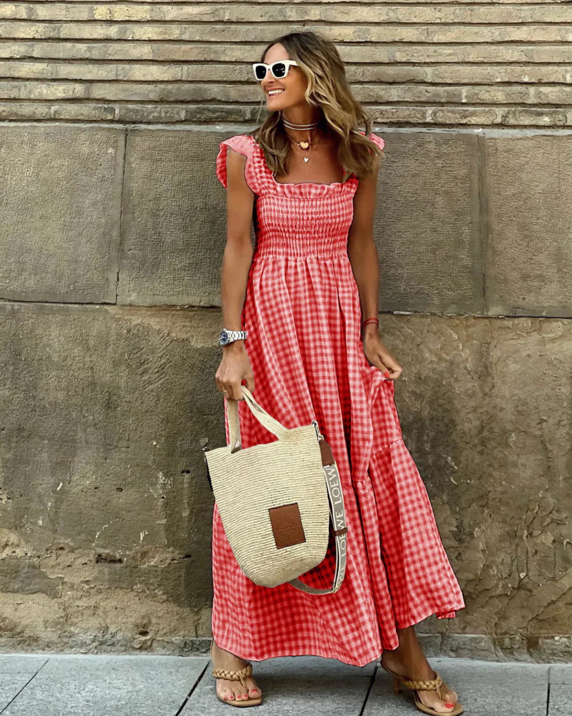 Summer Smocked Gingham Maxi Dress with Ruffle Sleeves - Image 7