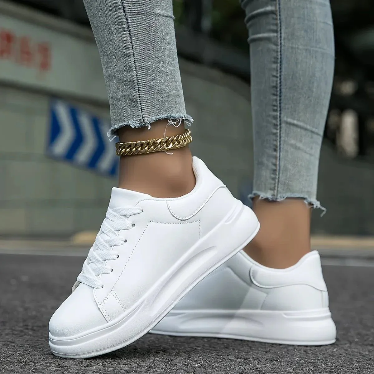 Women's Casual White Leather Sneakers - Image 3