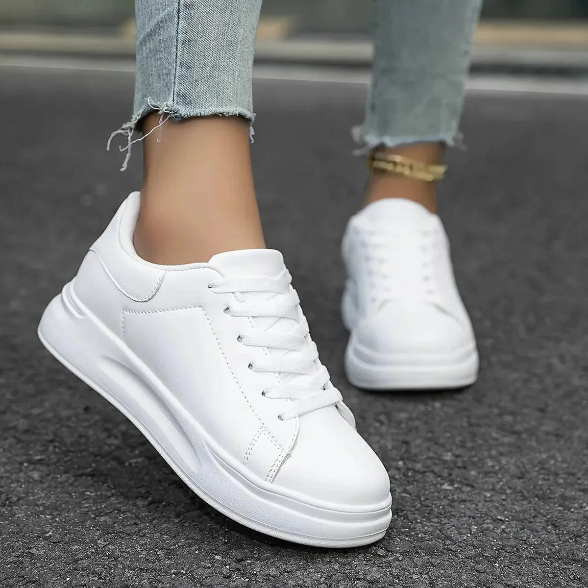 Women's Casual White Leather Sneakers - Image 4