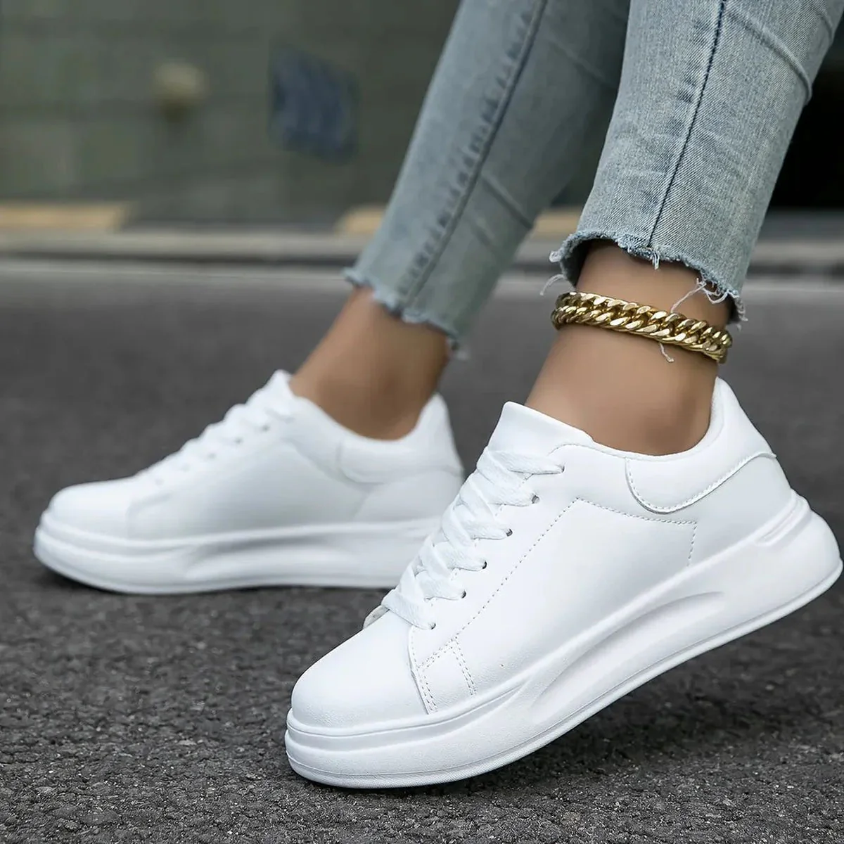 Women's Casual White Leather Sneakers - Image 6